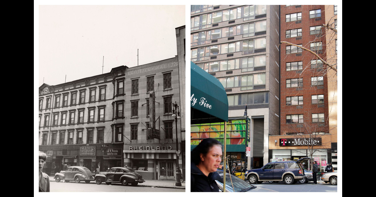 This combination shows the 1942 photo "Street scene, Yorkville