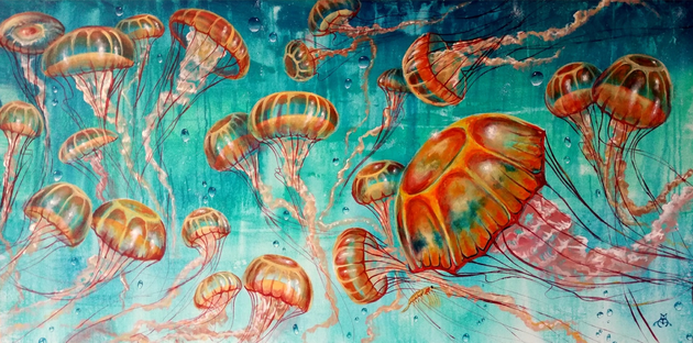 underwater painting with jellyfish, jelly fish painting, dancing jellyfish