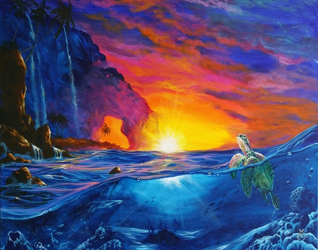 Marco Aguilar, Ocean painting with bright colors, turtle in the ocean, sunset on the water