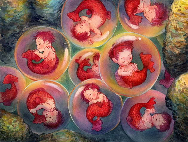 watercolor mermaid babies in eggs