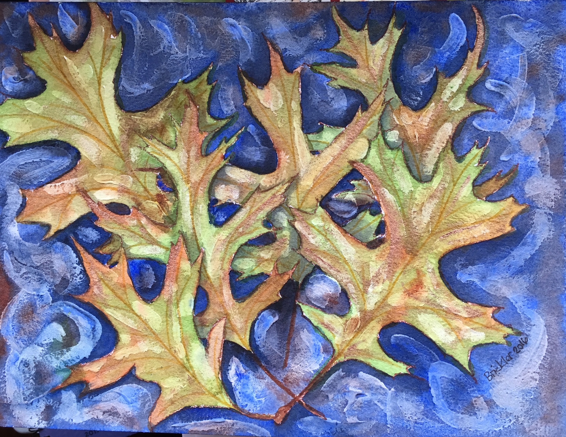 “Fall Leaves”, color pencil, watercolor, metallic watercolor, acrylic marker and absorbent watercolor ground