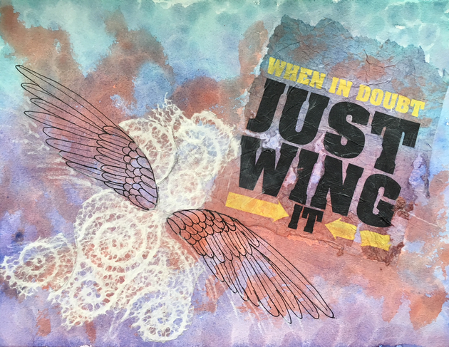 “Just Wing It”, Ed S. Brickler, watercolor, ink, and  collage with Japanese paper and a napkin