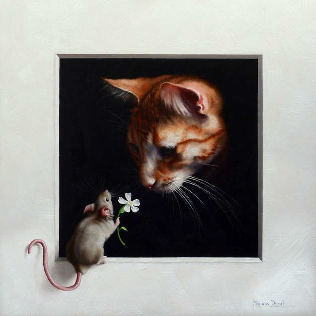mouse giving a cat a flower