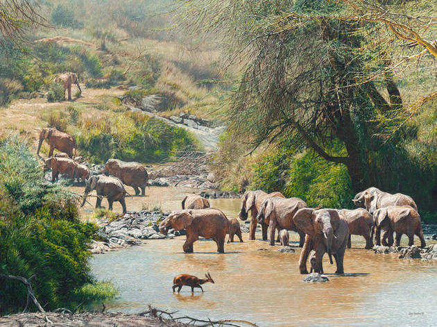 'Ancestral Oasis' - 48 x 36 - Oil on canvas - Elephants in river