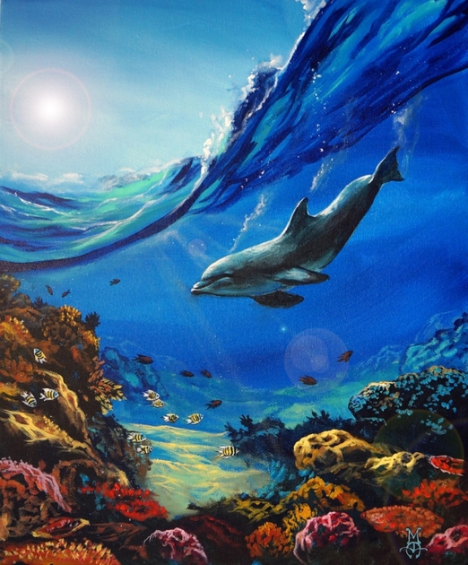underwater painting with dolphin, under the sea, acrylic ocean painting, marco aguilar