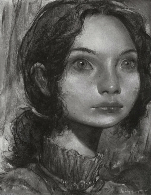 black and white pastel painting of a girl, portrait