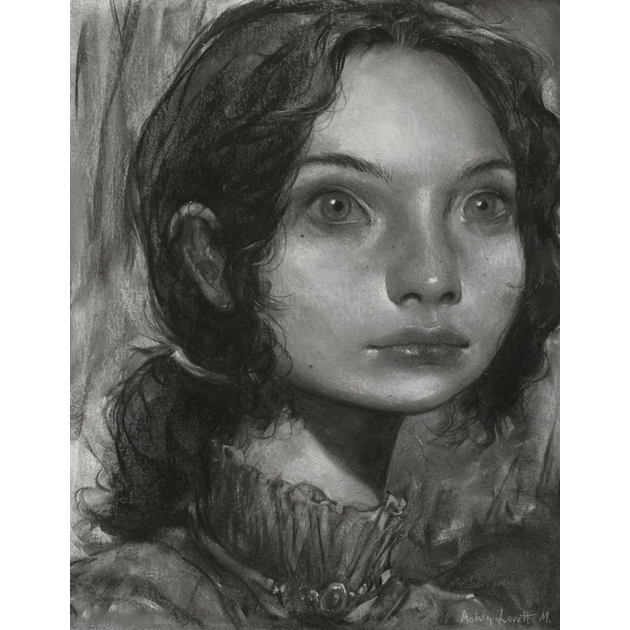 black and white pastel painting of a girl, portrait