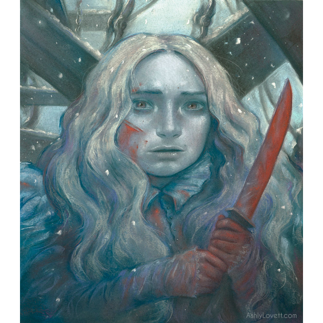 pastel painting of a girl with knife