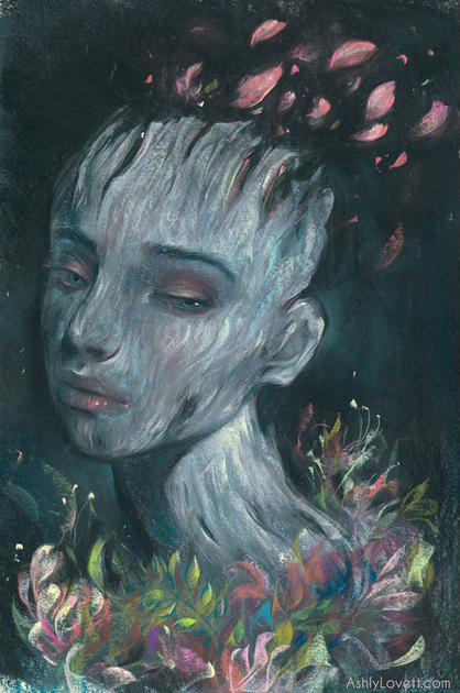 pastel painting of a girl with a dark background