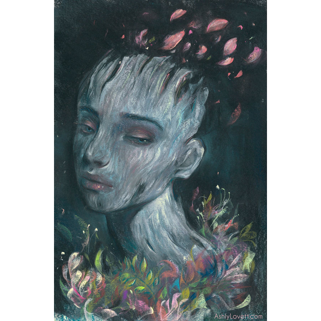 pastel painting of a girl with a dark background