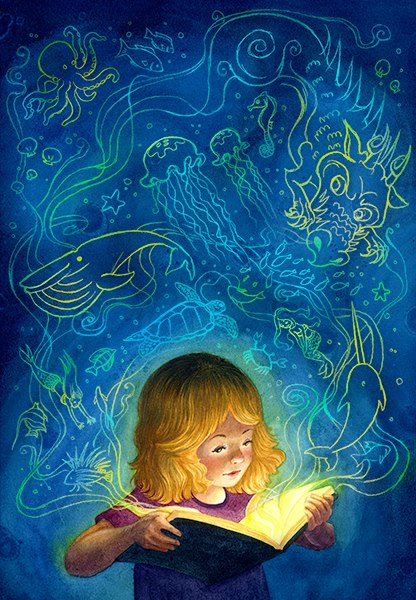 blue watercolor painting, little girl reading a book