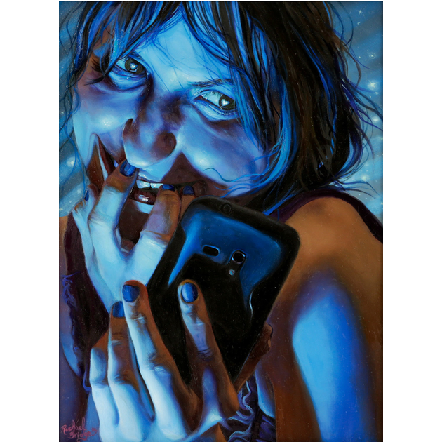 Cyber Love, Oil on Panel, Rachael Bridge, Girl holding phone