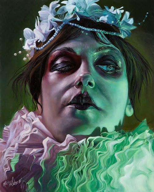 rachael bridge, dark image of a woman, flower crown, lipstick, green, Queen