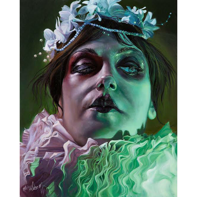 rachael bridge, dark image of a woman, flower crown, lipstick, green, Queen